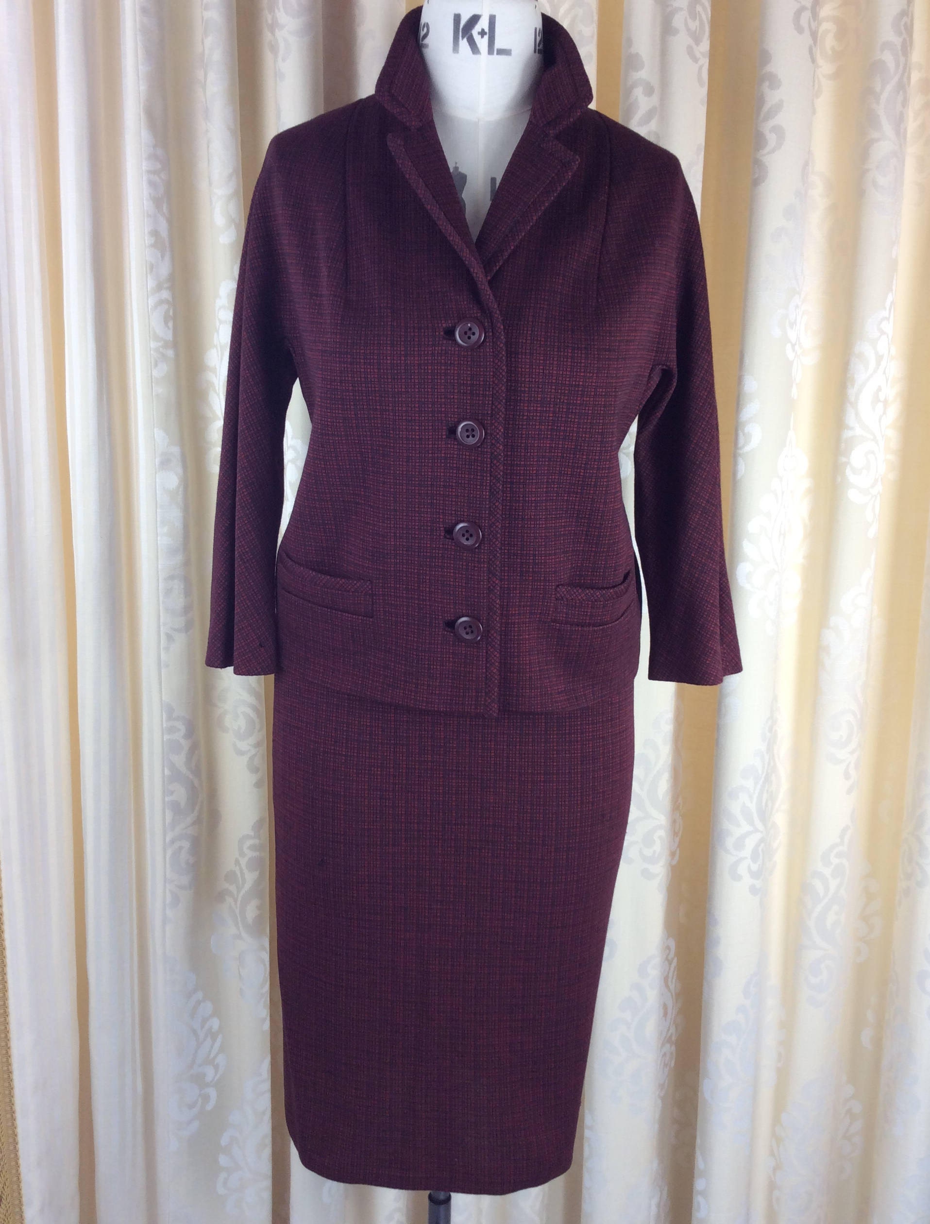 Image of Classic 's Wool Jersey Skirt Suit in Claret & Black Jacquard Fine Check ... Label Eastex .. Uk Size  True Vintage Sixties 's