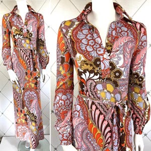 Late 1960s Abstract Paisley Print Shirt Maxi Dress .. Fab Colour Palette .. Label: Laurence Kazar /New York .. UK Original Vintage 60s