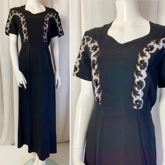 Forties Black Crepe Dress Cut-Work detail on bodic