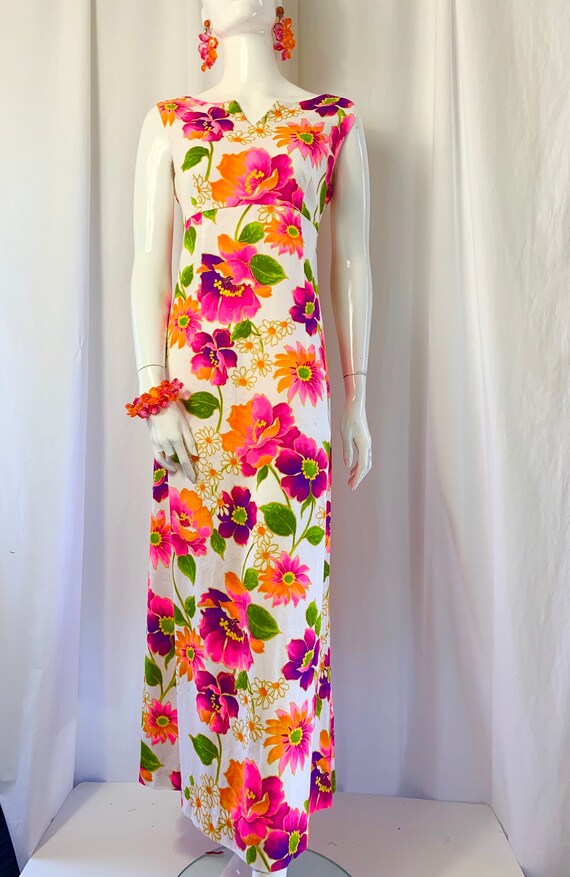 1960's Jewel Coloured Floral Cotton Barkcloth Max… - image 3
