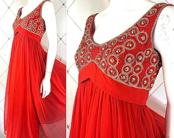 Late 1960s Vermillion Silk Chiffon Empire Line Gown .. Gold Metallic Studded Bodice .. Label: Berkertex .. UK 10 ..  Original Sixties 60’s