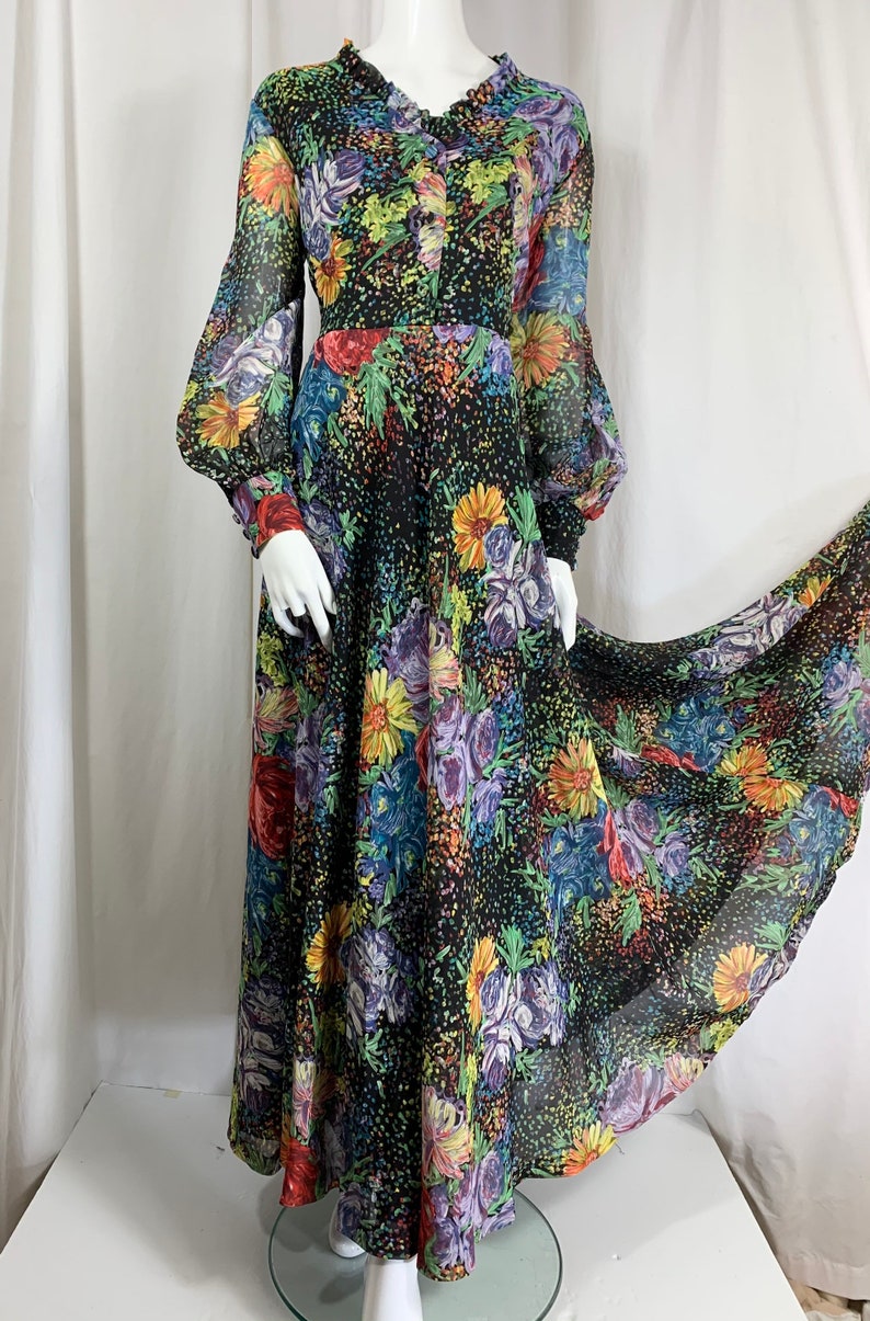 1970's Painterly Jewel Coloured Floral Belted Maxi Dress | Etsy