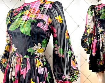 Late Sixties Painterly Floral Satin Stripe Jacquard Mini Dress .. Balloon Sleeves .. UK 10 .. Original Vintage 1960's 60's