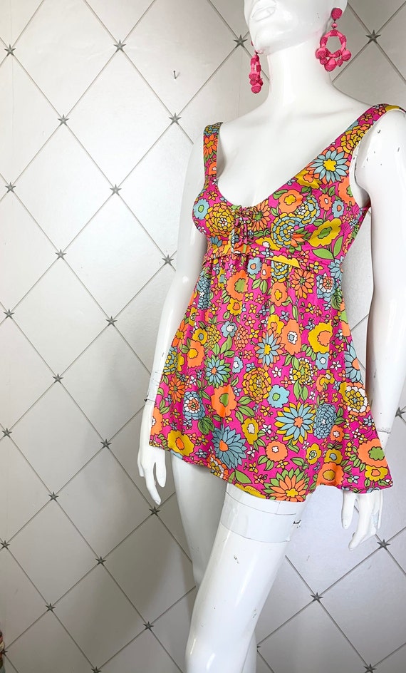 1960s Fluo Psychedelic Floral Baby Doll Swimsuit/Micr… - Gem