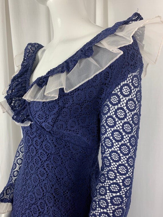 1960's Indigo Blue Cotton Lace Dress with Organza… - image 8