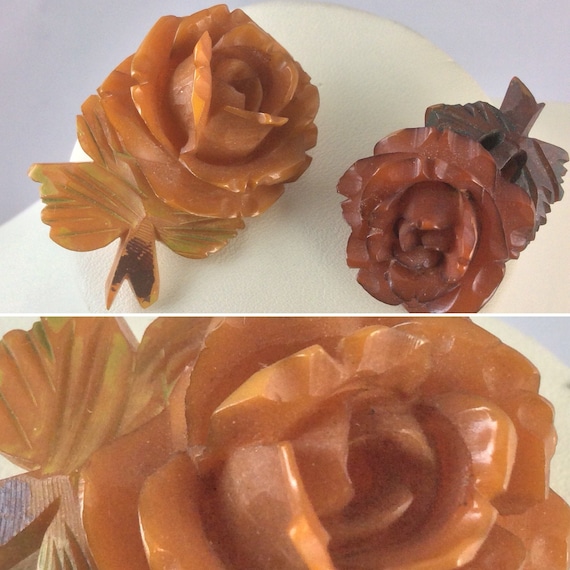 A Pair of Sweet Vintage 1940's Carved Bone Floral