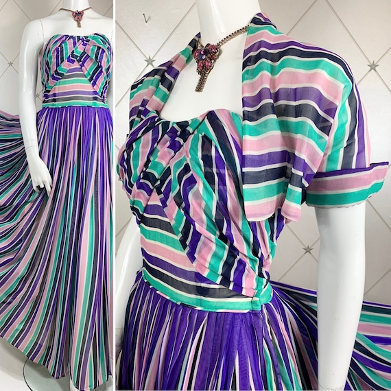 Gorgeous 1940's Georgette Stripe Strapless Gown a… - image 1