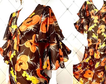 1970s Abstract Poppy Floral Maxi .. Statement Flamenco Sleeves .. Metal Zip .. Label: Tina Warren .. UK 8 - 10 .. Original Vintage Seventies