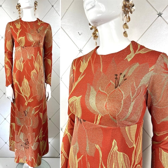 Late 1960s Burnt Orange & Gold Lurex Floral Lily Jacquard Late 1960s Burnt Orange & Gold Lurex Floral Lily Jacquard