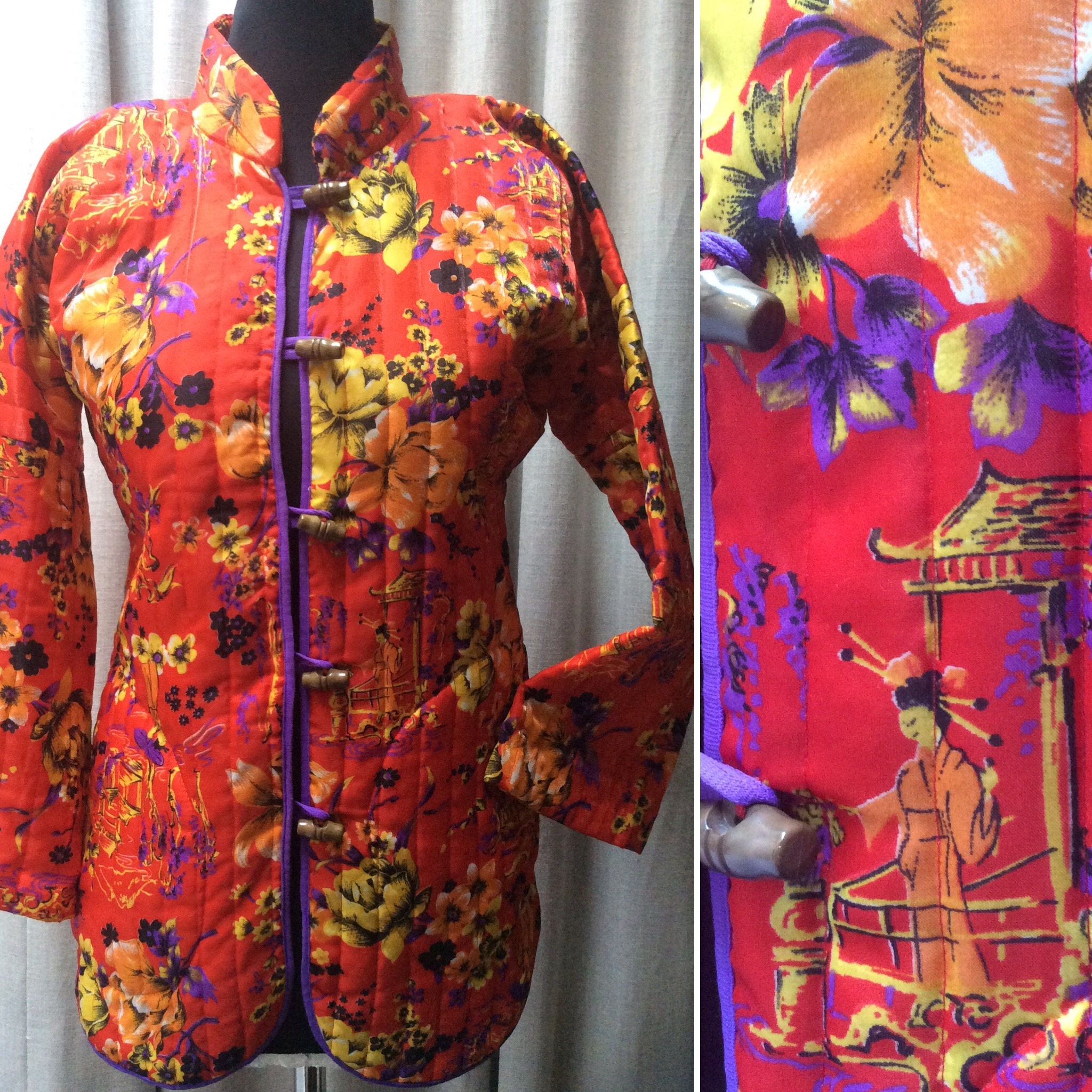 Image of Novelty Oriental Print 's Quilted Jacket ... Pagodas/Geishas Blossom Orchids .. Uk Size  Original Vintage 's Seventies