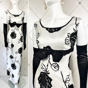 Late 1960s Monochrome Silk Twill Stylised Rose Print Empire Line Gown .. Metal Zip ..Label: JOHN SELBY /London .. UK 12 .. Original Vintage