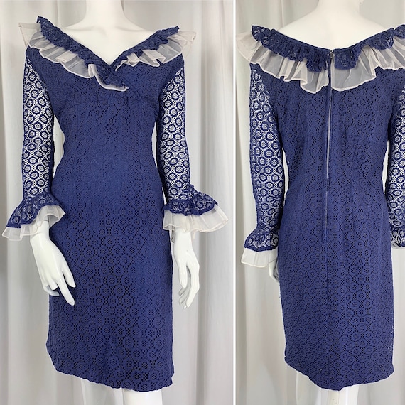 1960's Indigo Blue Cotton Lace Dress with Organza… - image 1