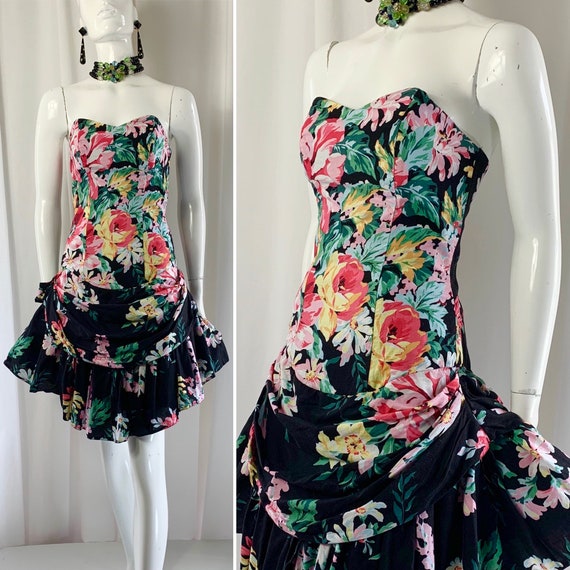 1980's Strapless Gypsy Rose Floral Print Cotton RA