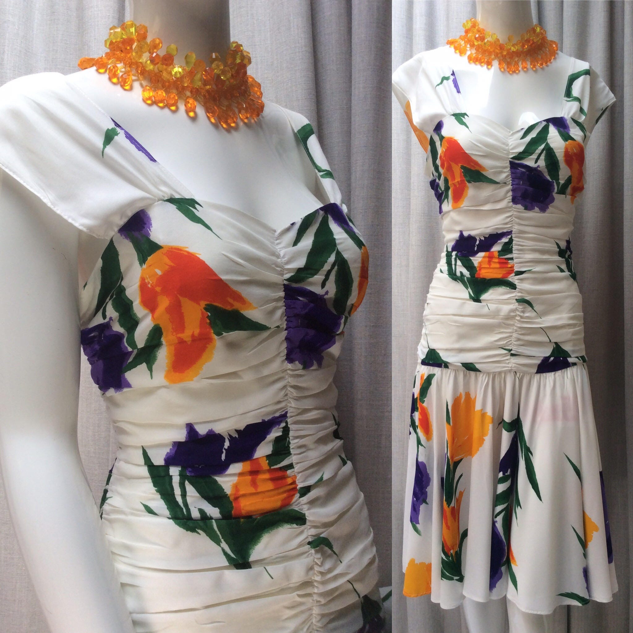 Image of Eighties Vibrant Floral Print High Summer Ruched Dress .. Label Wallis Uk Size  ... Original Vintage 's 's