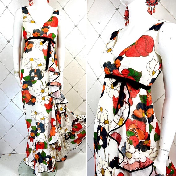 1970's Abstract Floral Frilly Waterfall Summer Maxi Dress .. Daisies & Peonies .. Label: MARISA .. UK 10 .. Original Vintage Seventies 70's