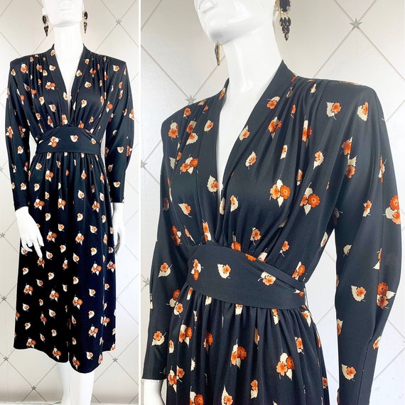 1970's Ditsy Leaf Floral 1940's Style Midi Dress … - image 1