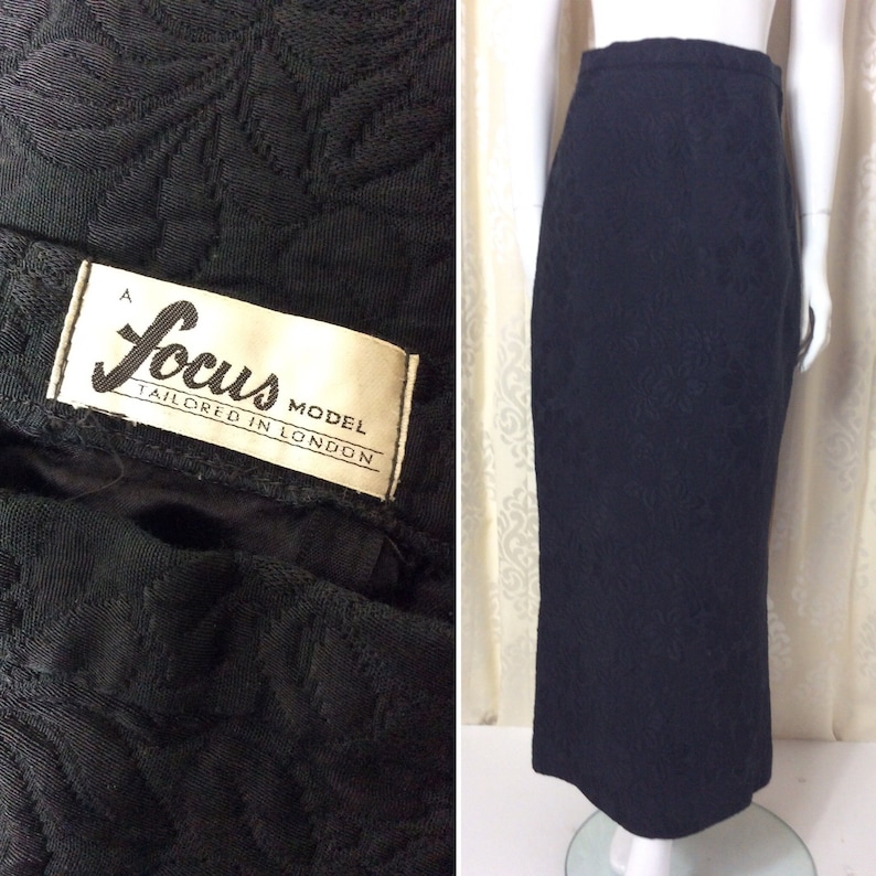 A Focus Model...tailored in London UK Size 10 Sixties 60/'s Fabulous Vintage 1960/'s Black Cotton Rayon Floral Brocade Evening Skirt Label