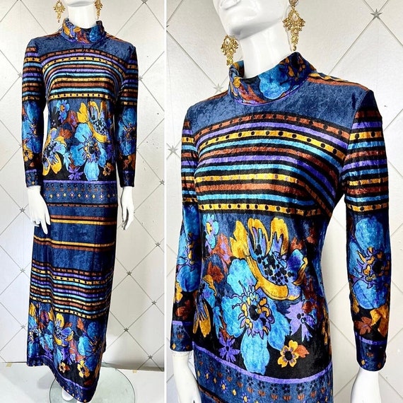 1970's Abstract Floral Panne Velvet Maxi Dress... Label: Figura  ... UK 12 ... Original Vintage Seventies