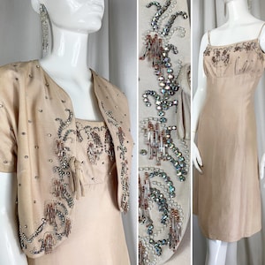 Late 1950/Early 1960s Silk Dupion Pale Sand/Peach Beaded Suit .. Dress & Jacket .. Label: JEAN ALLEN /London .. UK 10 ..True Vintage 50s 60s
