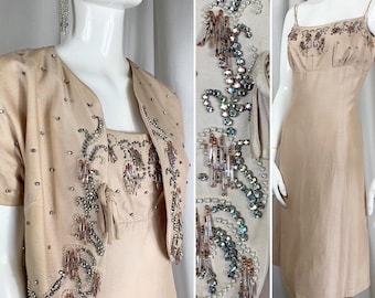 Late 1950/Early 1960s Silk Dupion Pale Sand/Peach Beaded Suit .. Dress & Jacket .. Label: JEAN ALLEN /London .. UK 10 ..True Vintage 50s 60s