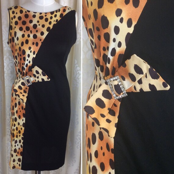 Striking 1960 s Asymmetric Leopard Print Sleeveless Cocktail Dress Diamante Buckle UK 14 Original Vintage Sixties 60 s SALE Etsy