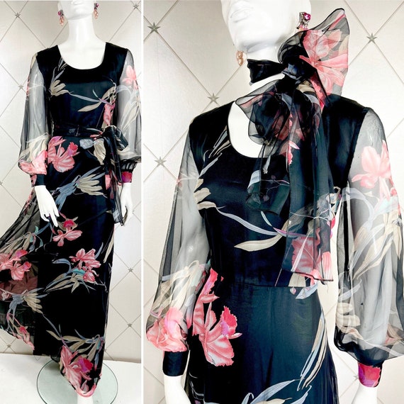 1970's Sheer Black Chiffon Orchid Print Maxi Dress .. Balloon Sleeves .. Label: Vera Mont / Paris .. UK 12 .. Original Vintage Seventies 70s