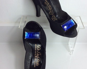 1950s Black Suede Shoes ..large Blue Glass Stones .. Label: De Liso Debs by Palter de Liso New York for Dolcis .. UK Size 4 - 4.5 .. Fifties