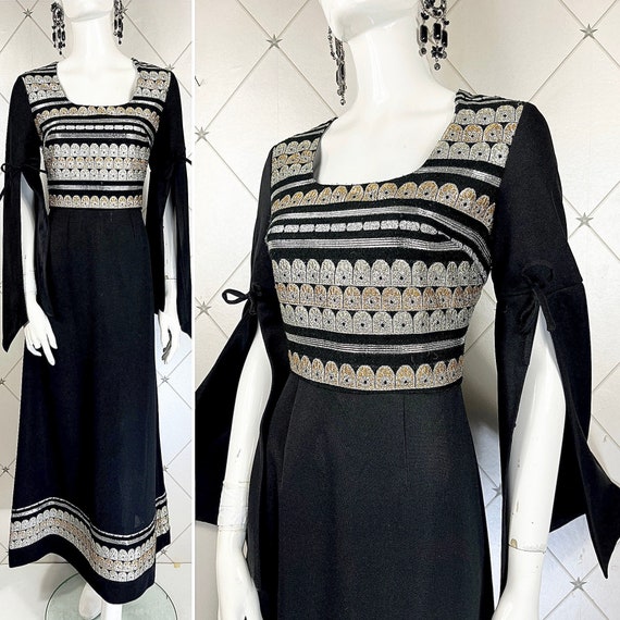 1970's Black Gown .. Silver & Gold Embroidered Bodice / Hem .. Statement Sleeves .. Label: Ray Anthony / London .. UK 10 .. Original Vintage 1970's Black Gown .. Silver & Gold Embroidered Bodice / Hem .. Statement Sleeves .. Label: Ray Anthony / London .. UK 10 .. Original Vintage