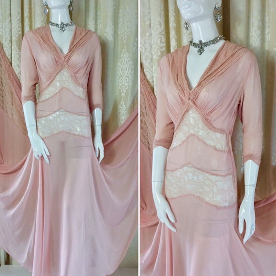 1940s Shell Pink Rayon Georgette Sheer Lace Negligee Hostess Robe Peignoir UK 10 Original Forties Burlesque Pin up SALE Etsy