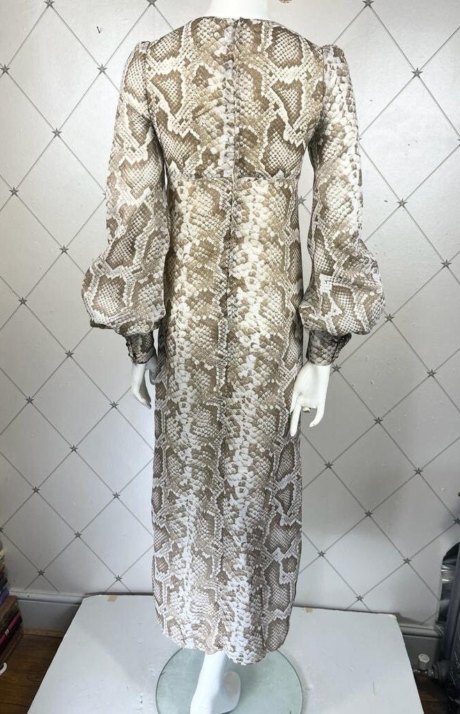 1970's Sepia Snakeskin Print Georgette Maxi Dress .. Metal