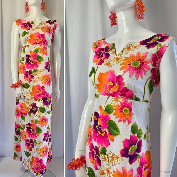 1960's Jewel Coloured Floral Cotton Barkcloth Max… - image 1