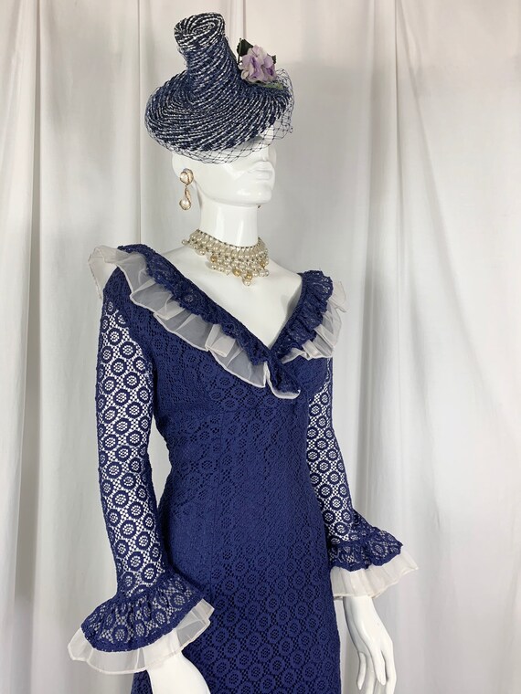 1960's Indigo Blue Cotton Lace Dress with Organza… - image 7