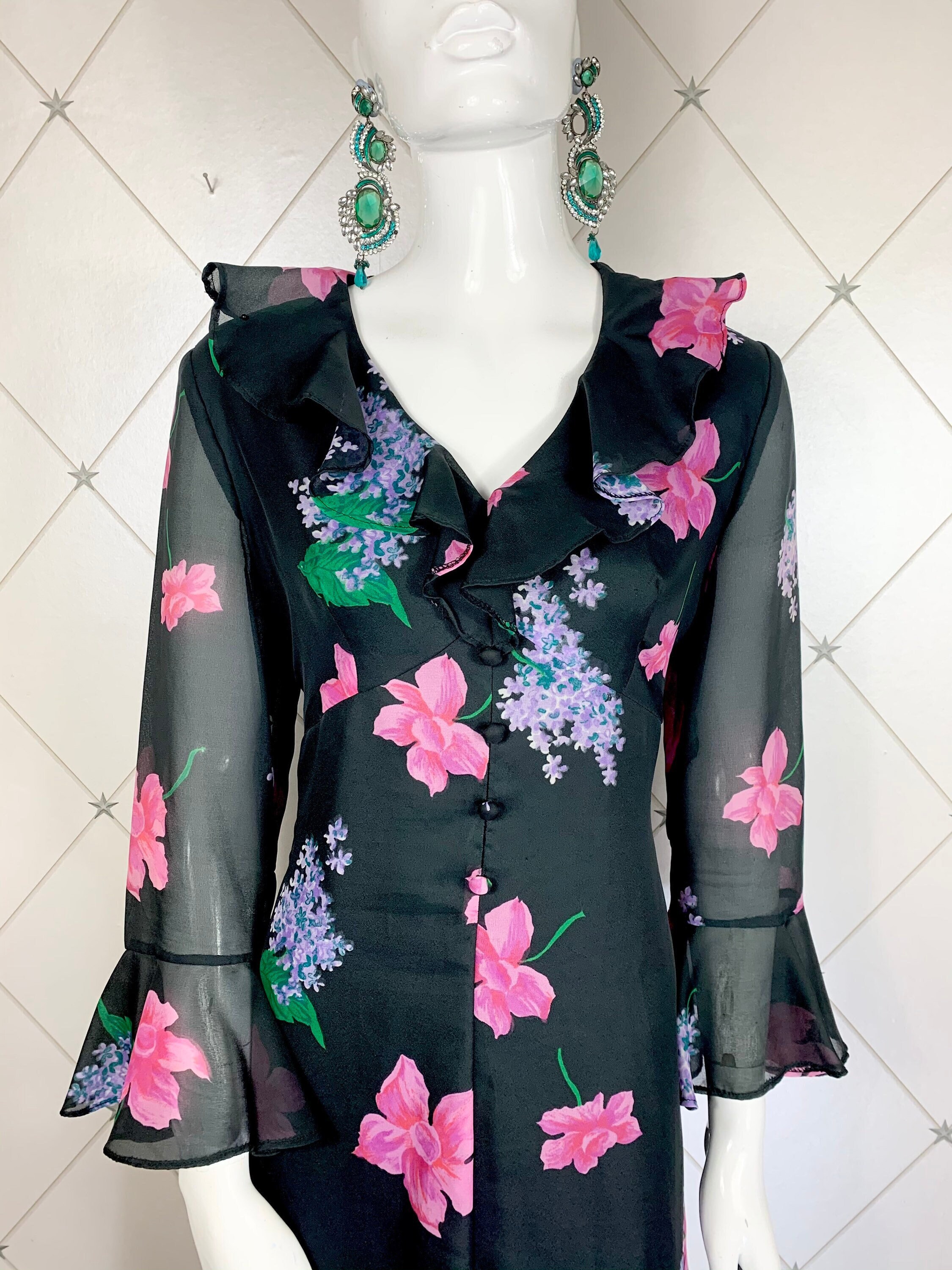 1970 s Painterly Rose Lilac Floral Georgette Maxi Frilled Neckline Cuffs Label Bernd Exquisite UK 14 True Vtg Seventies 70s Etsy UK