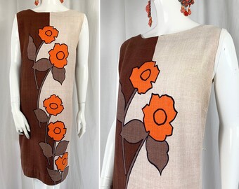 1960's Abstract Floral Barkcloth Shift Dress .. * Panel Screen Print by FSR Ltd Manchester * .. UK 12 - 16 .. Original Vintage Sixties 60s