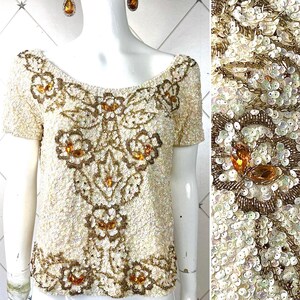 Early 1960&#39;s Sparkly Evening Top .. Iridescent Ivory Cup Sequins .. Glass Beads & Stones .. Label: Imperial .. UK 12 .. Original Vintage 60s