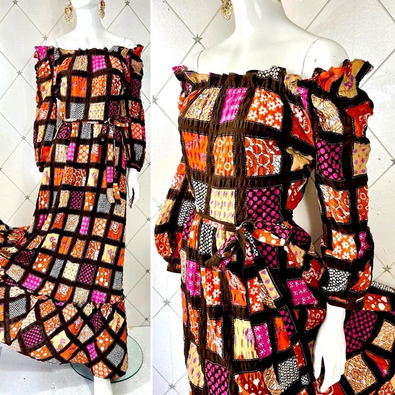 1970's Patchwork Print Cotton Seersucker Belted Maxi Dress .. Label: Vera Mont / Paris .. UK 12 - 14 .. Original Vintage Seventies 70's