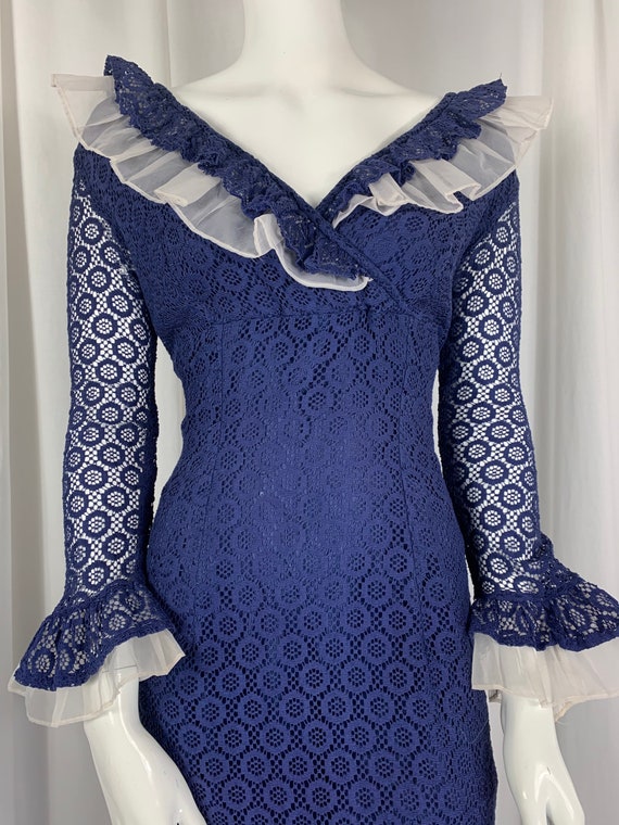 1960's Indigo Blue Cotton Lace Dress with Organza… - image 9