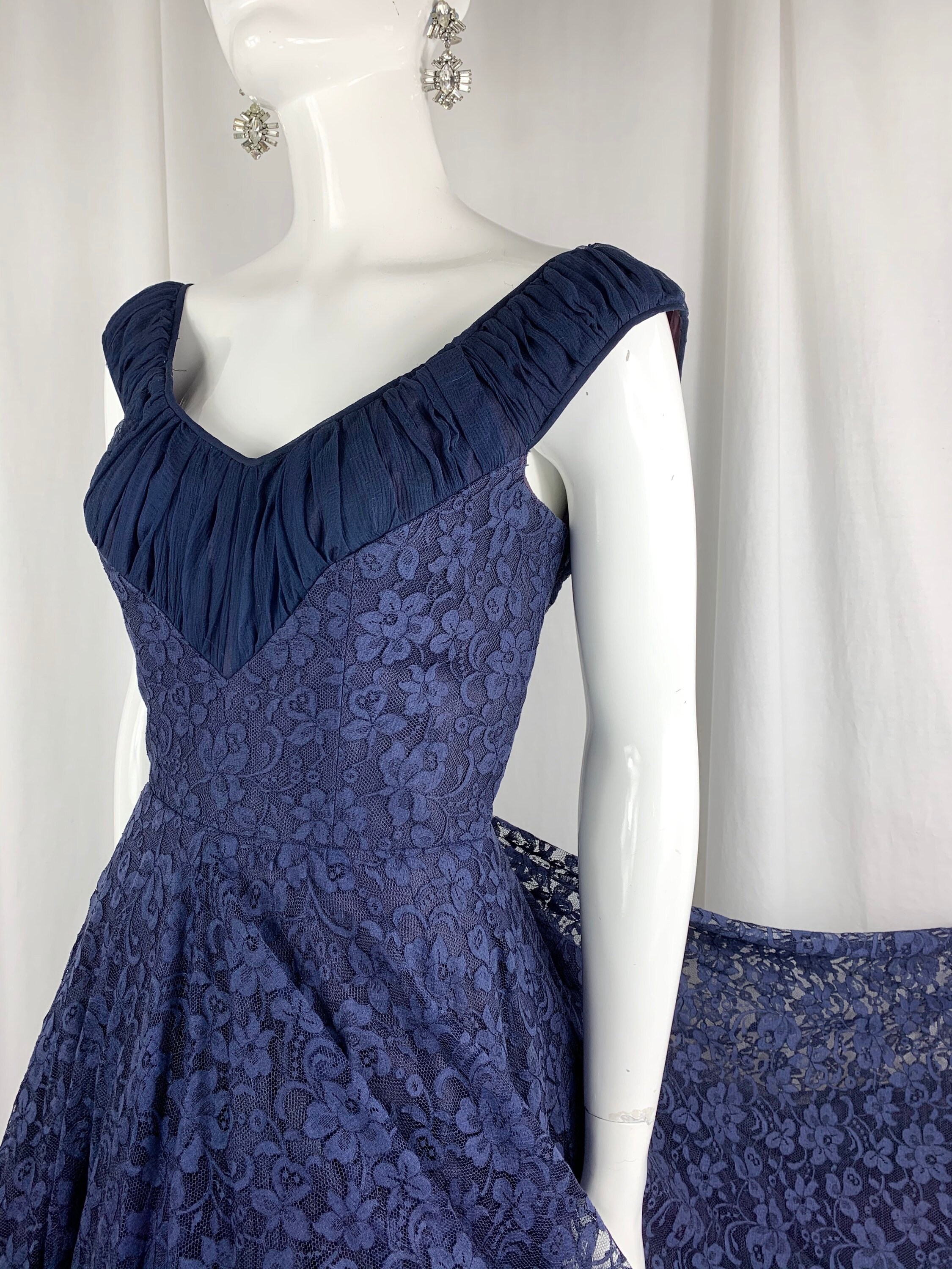 1950's Midnight Blue Lace Cocktail Dress With Ruched Silk | Etsy UK