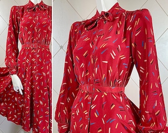 1970's does 1940's Cherry Red Abstract Print Crepe de Chine Dress .. Label: Wallis .. UK 8 - 10 .. Original Vintage Seventies does Forties