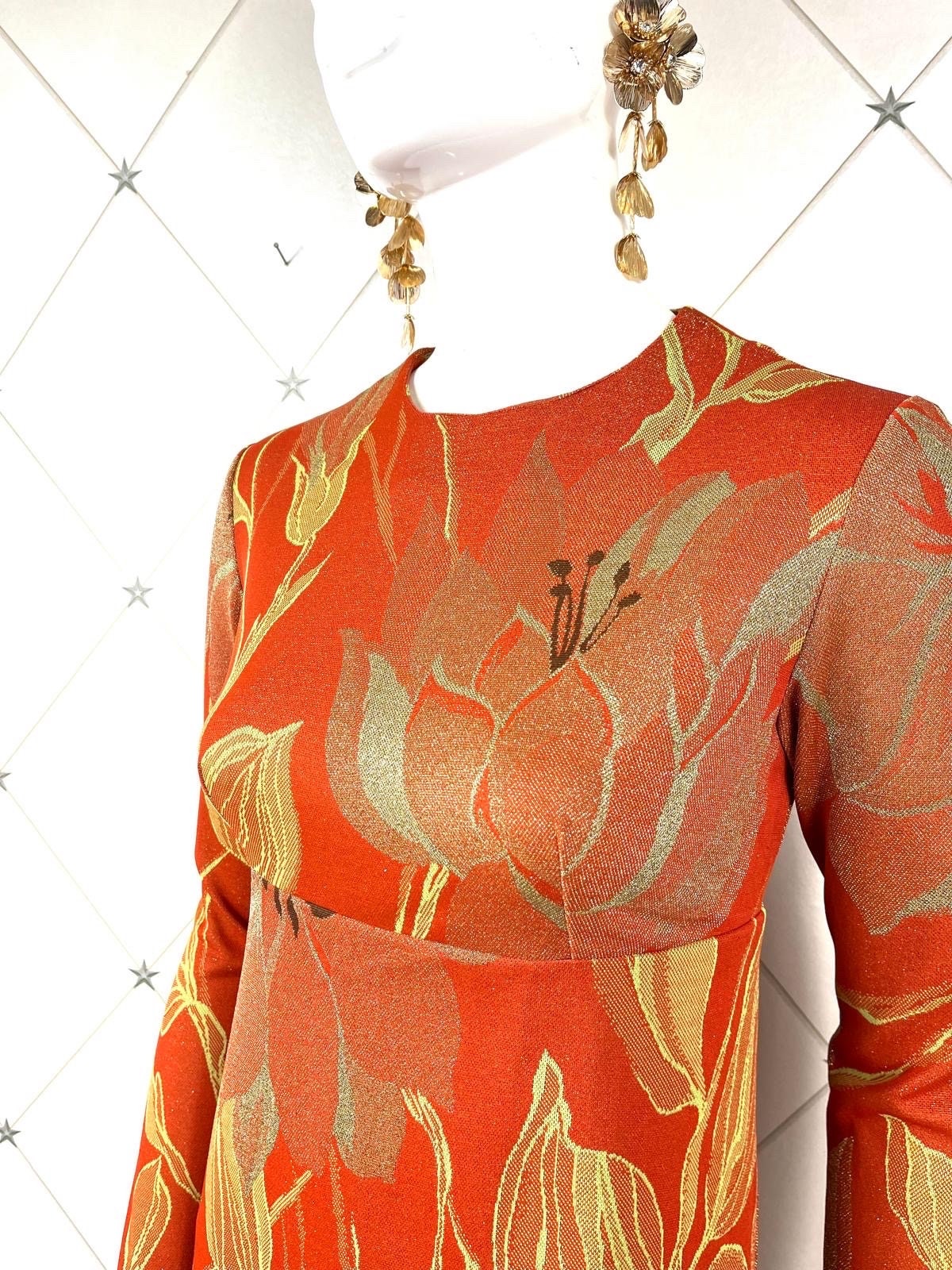 Late 1960s Burnt Orange & Gold Lurex Floral Lily Jacquard Late 1960s Burnt Orange & Gold Lurex Floral Lily Jacquard