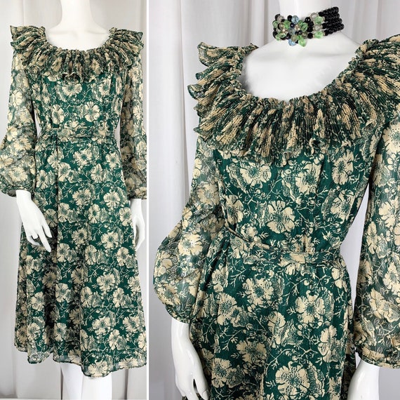 1970's Forest Green Floral Printed Lace Midi Dress