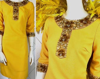Sixties Golden Yellow GO-GO Cocktail Dress .. Fabulous Beaded Collar & Cuffs .. Label-  Southwell .. UK 10 .. 1960s