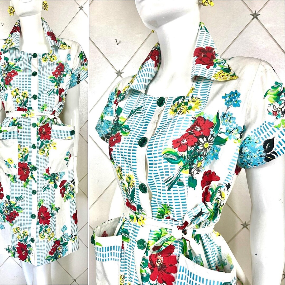 1940's Summer Floral Cotton Button Through Belted Dress .. Green ...