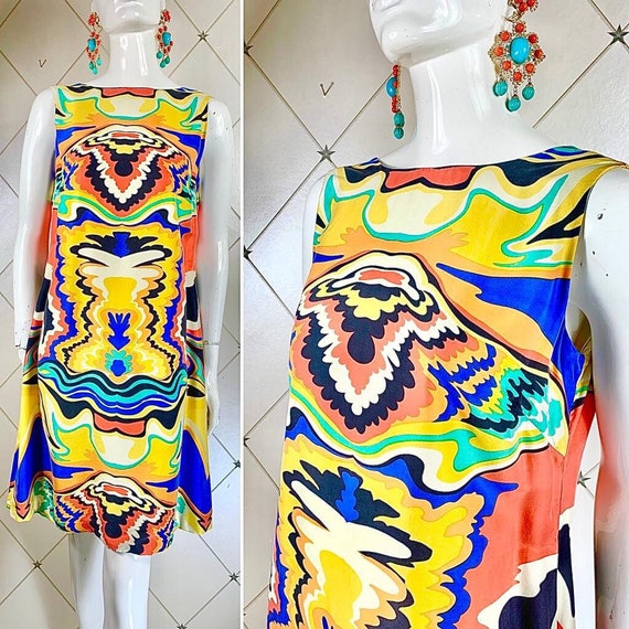 1960s Abstract Swirl Mirror Print Silk Shift Dress