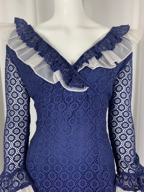 1960's Indigo Blue Cotton Lace Dress with Organza… - image 3