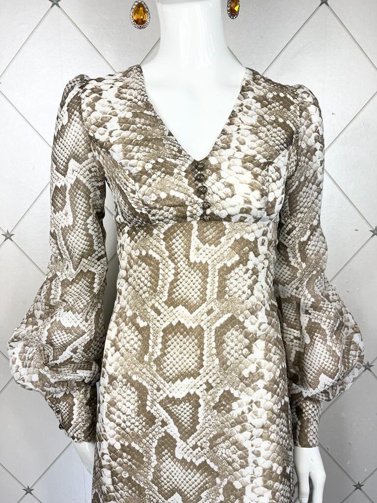 1970's Sepia Snakeskin Print Georgette Maxi Dress .. Metal
