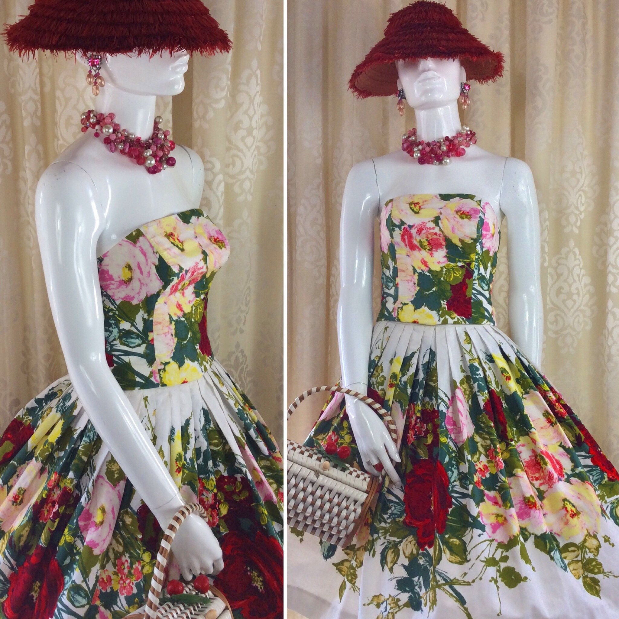 Image of 's Boned Strapless Suntop & Full Pleated Skirt in Fifties Jewel Rose Floral Print ..label Emcar Casuals ..uk  ..original Vintage 's