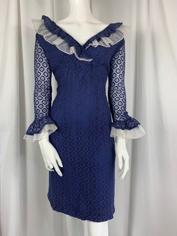 1960's Indigo Blue Cotton Lace Dress with Organza… - image 4