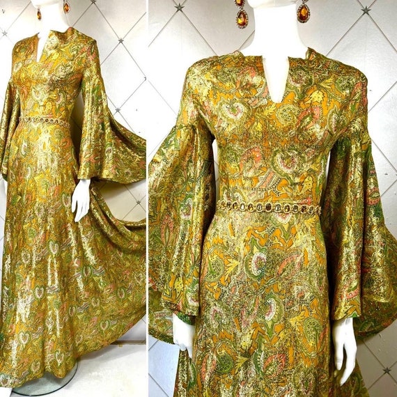 On Hold* Late 1960s Shimmering Gold Lurex Paisley… - image 1