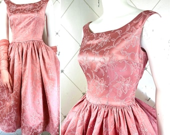 1950’s Flamingo Pink Duchesse Satin Floral Jacquard Gown .. Silver Lame .. Label: TRICOVILLE London ..  UK 10 .. Original Vintage Fifties